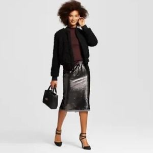 Who What Wear Gray Sequin Elastic Waist Midi Penci Skirt Size Large